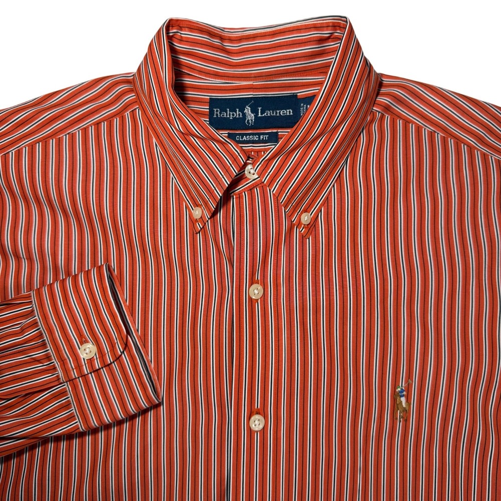 Ralph Lauren Classic Fit Orange White Stripe Button Down Shirt Men's M